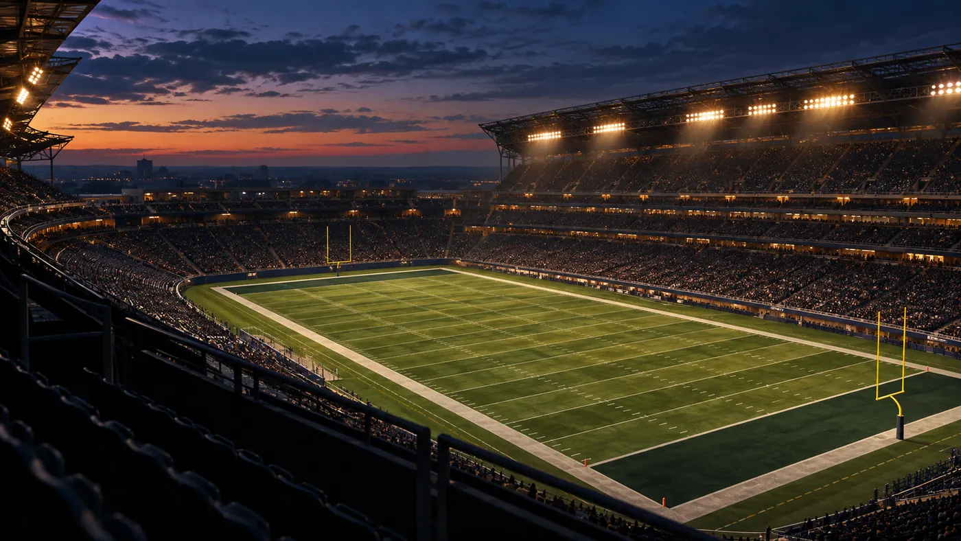 A floodlit football stadium at dusk
